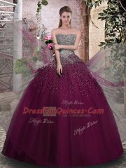 Purple Ball Gowns Beading Quinceanera Gowns Lace Up Tulle Sleeveless Floor Length