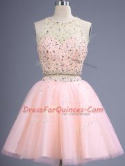 Fine Sleeveless Knee Length Beading Lace Up Court Dresses for Sweet 16 with Peach