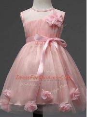 Elegant Sleeveless Tulle Knee Length Zipper Toddler Flower Girl Dress in Pink with Hand Made Flower