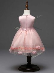 Elegant Sleeveless Tulle Knee Length Zipper Toddler Flower Girl Dress in Pink with Hand Made Flower