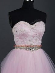 Beading and Lace and Ruffles Quinceanera Court of Honor Dress Baby Pink Zipper Sleeveless Mini Length