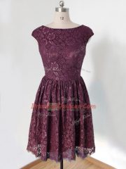 Customized Dark Purple Scoop Lace Up Lace Vestidos de Damas Cap Sleeves