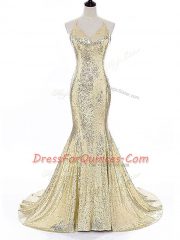 Gold Backless Straps Sequins Prom Gown Sequined Sleeveless Brush Train