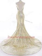 Gold Backless Straps Sequins Prom Gown Sequined Sleeveless Brush Train