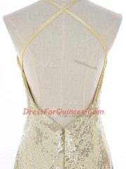 Gold Backless Straps Sequins Prom Gown Sequined Sleeveless Brush Train