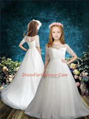 White Scoop Zipper Beading Flower Girl Dress Brush Train Half Sleeves