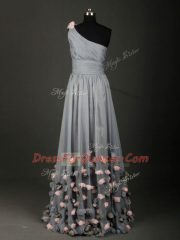 Glittering Grey One Shoulder Backless Pleated and Belt and Hand Made Flower Prom Dresses Sleeveless