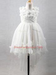 Exquisite Appliques Flower Girl Dress White Lace Up Sleeveless High Low