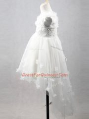 Exquisite Appliques Flower Girl Dress White Lace Up Sleeveless High Low