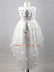 Exquisite Appliques Flower Girl Dress White Lace Up Sleeveless High Low