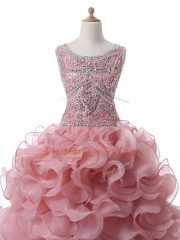 Sleeveless Floor Length Beading and Ruffles Zipper Vestidos de Quinceanera with Pink