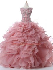 Sleeveless Floor Length Beading and Ruffles Zipper Vestidos de Quinceanera with Pink