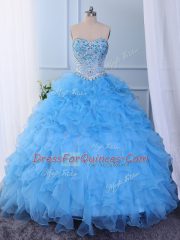 Beading and Embroidery and Ruffled Layers Vestidos de Quinceanera Baby Blue Lace Up Sleeveless Floor Length