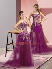 Fantastic Purple Empire Tulle Sweetheart Sleeveless Appliques Zipper Evening Dress Brush Train