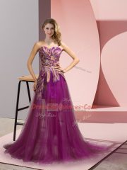 Fantastic Purple Empire Tulle Sweetheart Sleeveless Appliques Zipper Evening Dress Brush Train