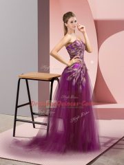 Fantastic Purple Empire Tulle Sweetheart Sleeveless Appliques Zipper Evening Dress Brush Train