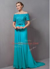 Discount Empire Short Sleeves Aqua Blue Dress for Prom Sweep Train Zipper