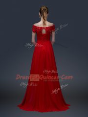 Beautiful Brown Empire Off The Shoulder Short Sleeves Chiffon Floor Length Lace Up Appliques