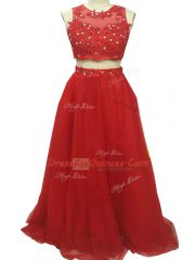 Stunning Red Homecoming Dress Tulle Sweep Train Sleeveless Beading and Appliques