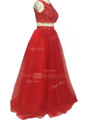 Stunning Red Homecoming Dress Tulle Sweep Train Sleeveless Beading and Appliques