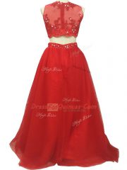 Stunning Red Homecoming Dress Tulle Sweep Train Sleeveless Beading and Appliques