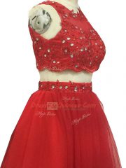 Stunning Red Homecoming Dress Tulle Sweep Train Sleeveless Beading and Appliques