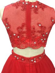 Stunning Red Homecoming Dress Tulle Sweep Train Sleeveless Beading and Appliques