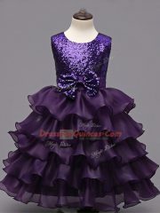 Pretty Dark Purple Ball Gowns Organza Scoop Sleeveless Ruffled Layers and Sequins Tea Length Zipper Girls Pageant Dresses