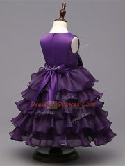 Pretty Dark Purple Ball Gowns Organza Scoop Sleeveless Ruffled Layers and Sequins Tea Length Zipper Girls Pageant Dresses