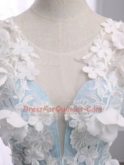 Light Blue Organza Lace Up Quinceanera Dresses Sleeveless Court Train Appliques