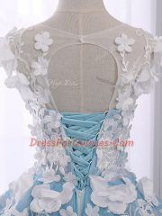 Light Blue Organza Lace Up Quinceanera Dresses Sleeveless Court Train Appliques