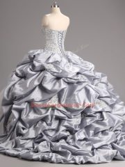 Sexy Taffeta and Tulle Sleeveless 15 Quinceanera Dress Brush Train and Beading and Appliques and Pick Ups