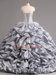 Sexy Taffeta and Tulle Sleeveless 15 Quinceanera Dress Brush Train and Beading and Appliques and Pick Ups
