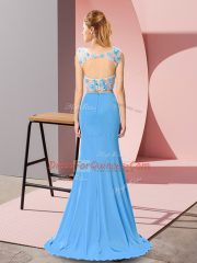 High Class Baby Blue Two Pieces Chiffon Scoop Sleeveless Beading and Hand Made Flower Zipper Homecoming Dress Brush Train
