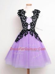 A-line Quinceanera Dama Dress Lavender Straps Tulle Sleeveless Knee Length Lace Up