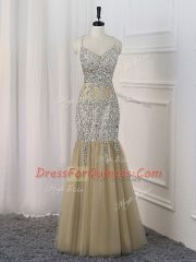 Fashion Floor Length Backless Prom Gown Champagne for Prom and Sweet 16 with Sequins