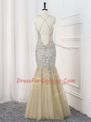 Fashion Floor Length Backless Prom Gown Champagne for Prom and Sweet 16 with Sequins