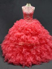 Ideal Scoop Sleeveless Lace Up Quinceanera Gown Coral Red Organza