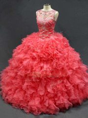 Ideal Scoop Sleeveless Lace Up Quinceanera Gown Coral Red Organza