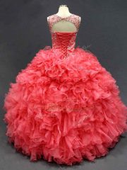 Ideal Scoop Sleeveless Lace Up Quinceanera Gown Coral Red Organza