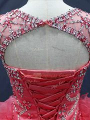 Ideal Scoop Sleeveless Lace Up Quinceanera Gown Coral Red Organza