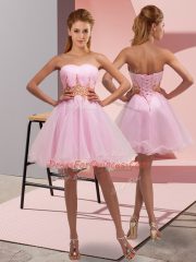 Organza Sweetheart Sleeveless Lace Up Beading and Ruching Prom Dresses in Baby Pink