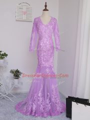 Edgy Lilac Long Sleeves Lace and Appliques Side Zipper Prom Gown