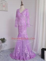 Edgy Lilac Long Sleeves Lace and Appliques Side Zipper Prom Gown
