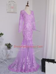 Edgy Lilac Long Sleeves Lace and Appliques Side Zipper Prom Gown