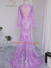 Edgy Lilac Long Sleeves Lace and Appliques Side Zipper Prom Gown