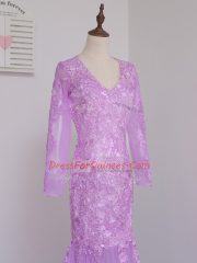 Edgy Lilac Long Sleeves Lace and Appliques Side Zipper Prom Gown