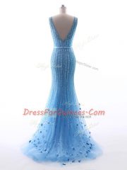 Beautiful V-neck Sleeveless Tulle Evening Dress Beading and Belt and Hand Made Flower Zipper