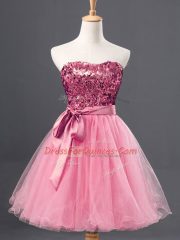 Gorgeous Mini Length Rose Pink Prom Dresses Tulle Sleeveless Sequins