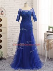 Half Sleeves Tulle Zipper Prom Dresses in Royal Blue with Lace and Appliques